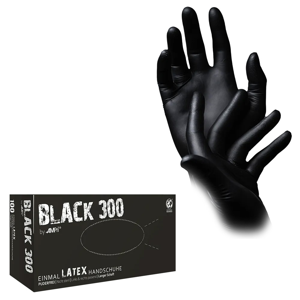 Latexhandschuhe mit Überlänge schwarz, Größe L, puderfrei, Black 300 Latex