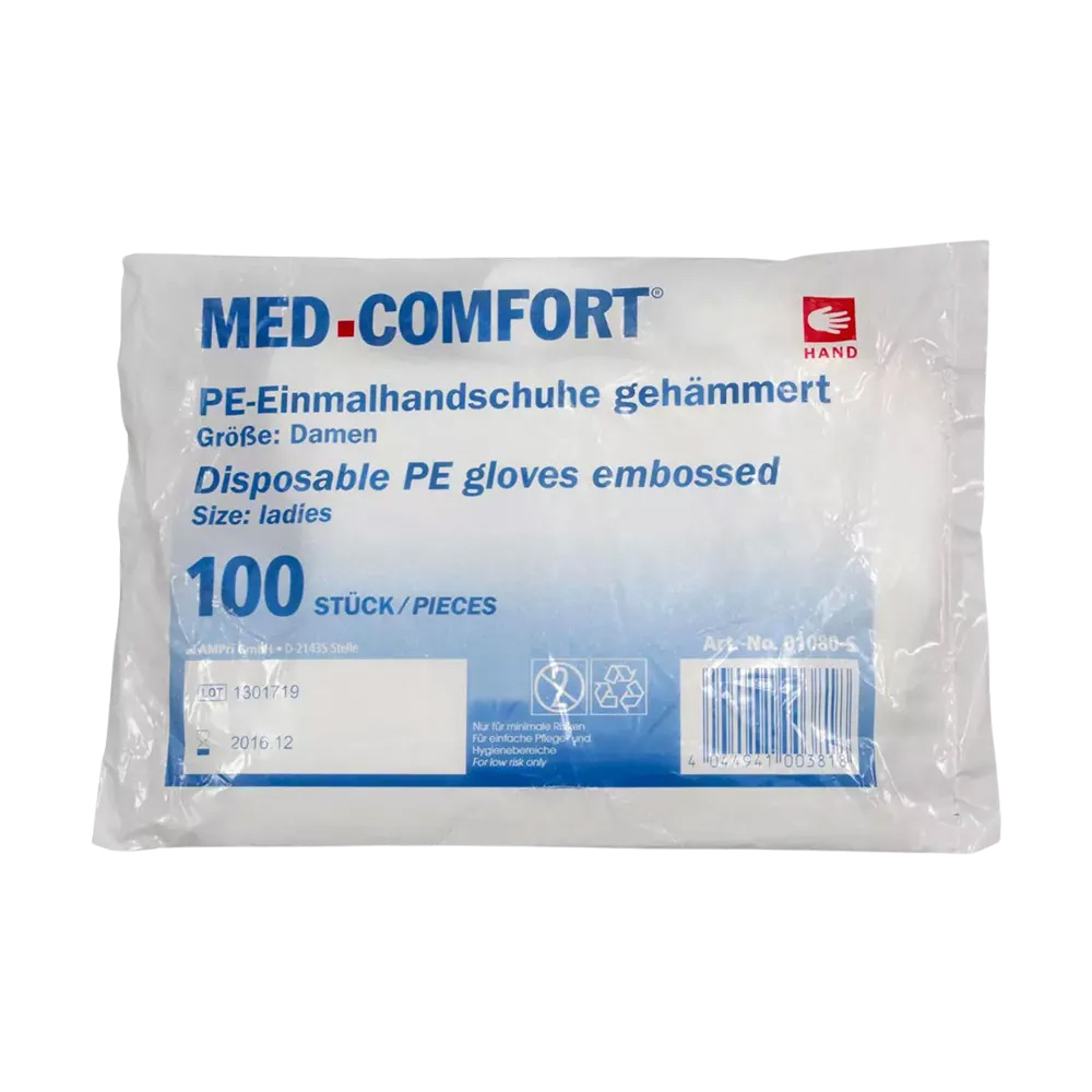 PE Handschuh, transparent, milchig, Größe S (Damen), gehämmert, Med-Comfort, 100 Stück im Beutel