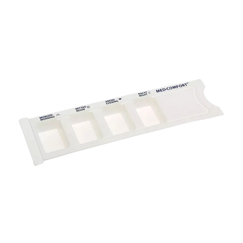 PP Einweg Medikamentendispenser, 4 Fächer, 22,2 x 6 x 1,5 cm, weiß, Med-Comfort