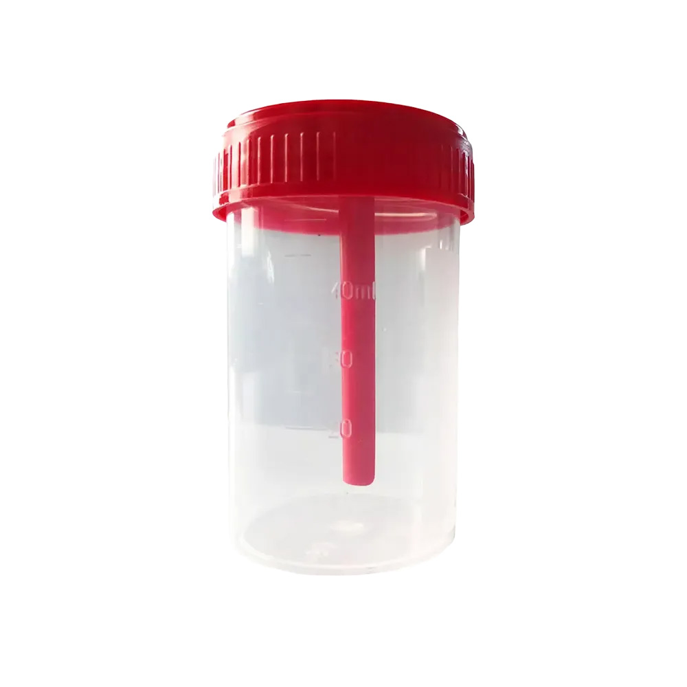 PP Stuhlsammelbehälter, 40 ml, transparent, milchig, rot mit PE Verschluss