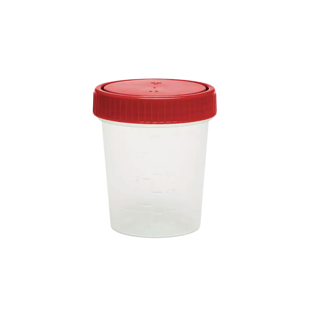 PP Urinsammelbehälter mit Schraubdeckel, 100 ml, Farbe transparent, milchig, rot