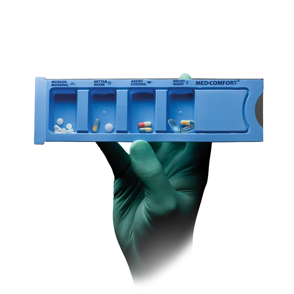 PP Einweg Medikamentendispenser, 4 Fächer, 22,2 x 6 x 1,5 cm, blau, Med-Comfort